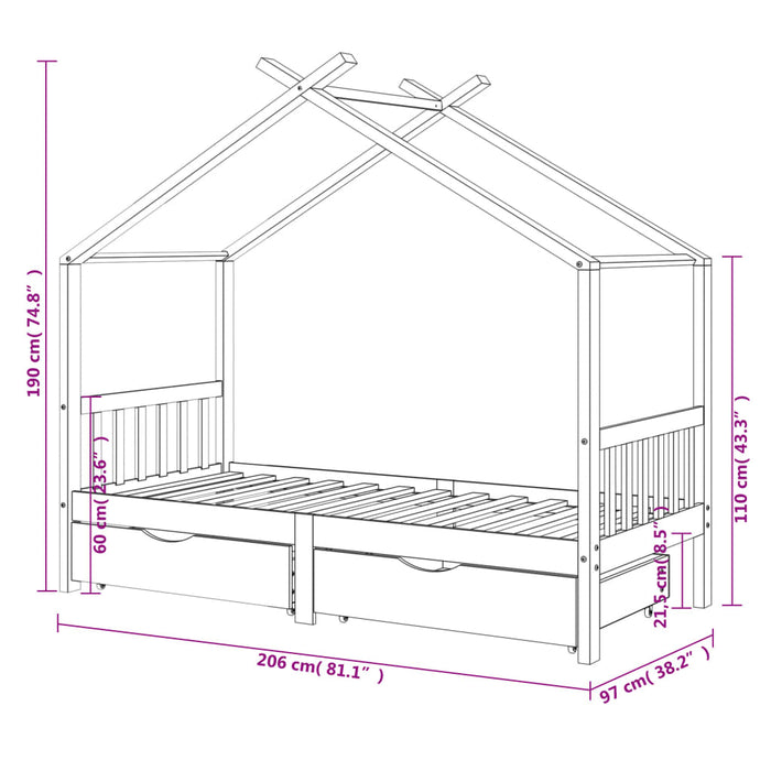 Kinderbedframe Met Lades Massief Grenenhout