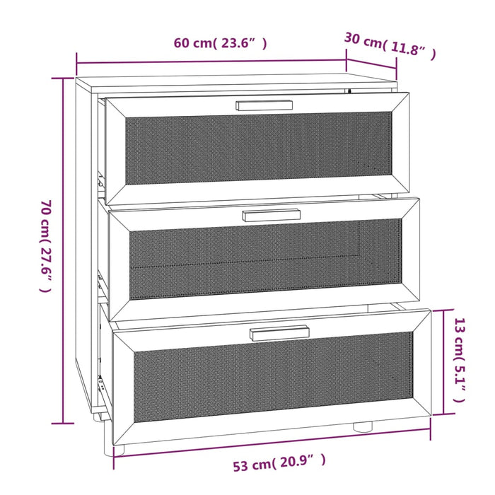 Dressoir 60X30X70 Cm Massief Grenenhout En Rattan