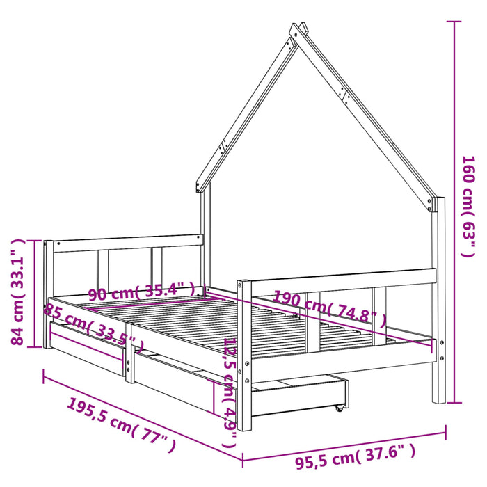 Kinderbedframe Met Lades Massief Grenenhout