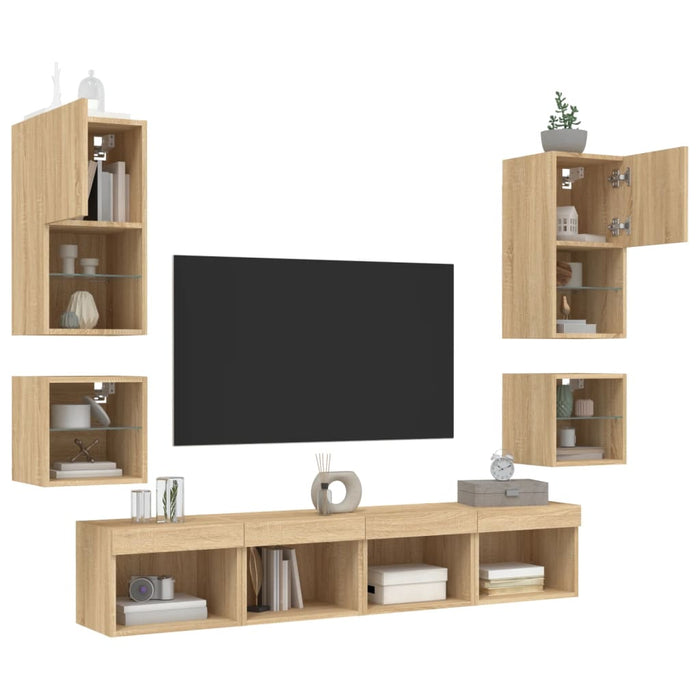 8-Delige Tv-Wandmeubelset Met Led Bewerkt Hout