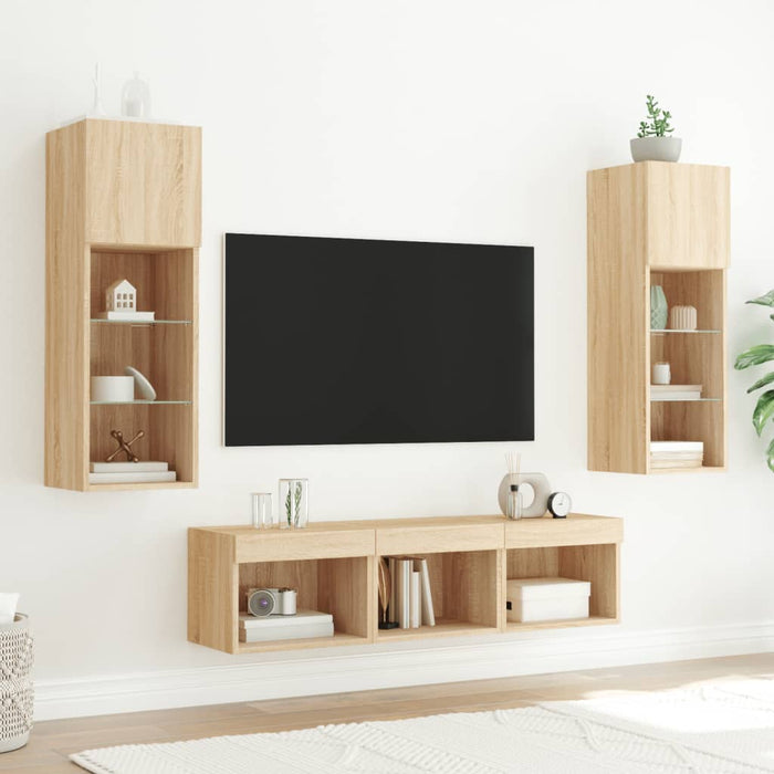 5-Delige Tv-Wandmeubelset Met Led Bewerkt Hout