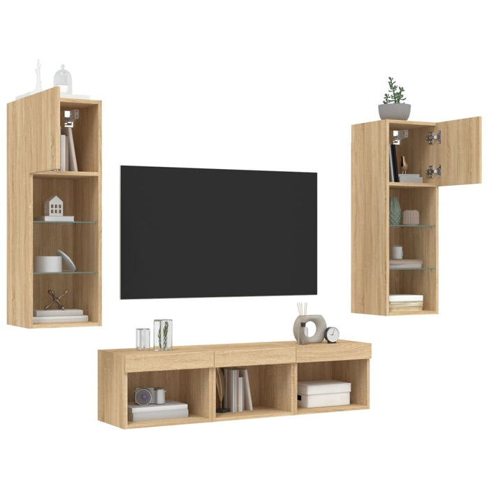 5-Delige Tv-Wandmeubelset Met Led Bewerkt Hout