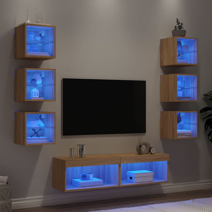 8-Delige Tv-Wandmeubelset Met Led Bewerkt Hout