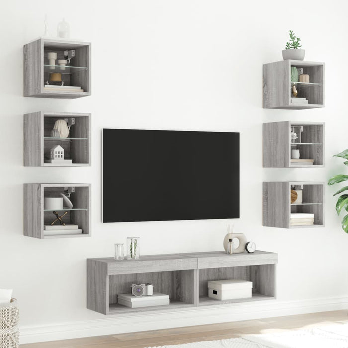 8-Delige Tv-Wandmeubelset Met Led Bewerkt Hout