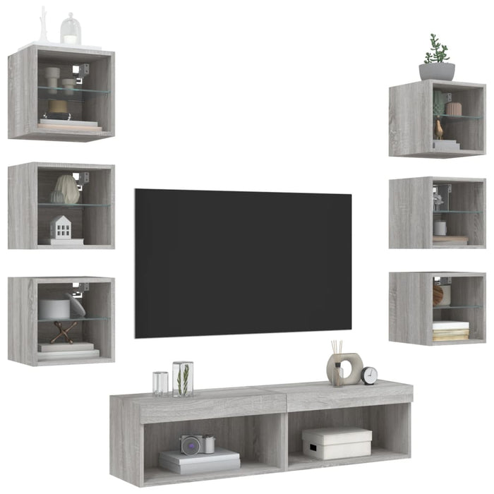 8-Delige Tv-Wandmeubelset Met Led Bewerkt Hout