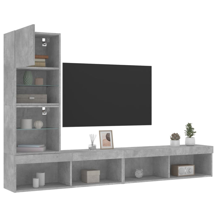 4-Delige Tv-Wandmeubelset Met Led Bewerkt Hout