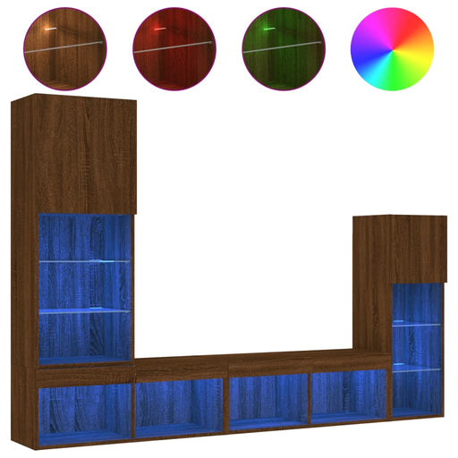 4-Delige Tv-Wandmeubelset Met Led Bewerkt Hout Bruineikenkleur