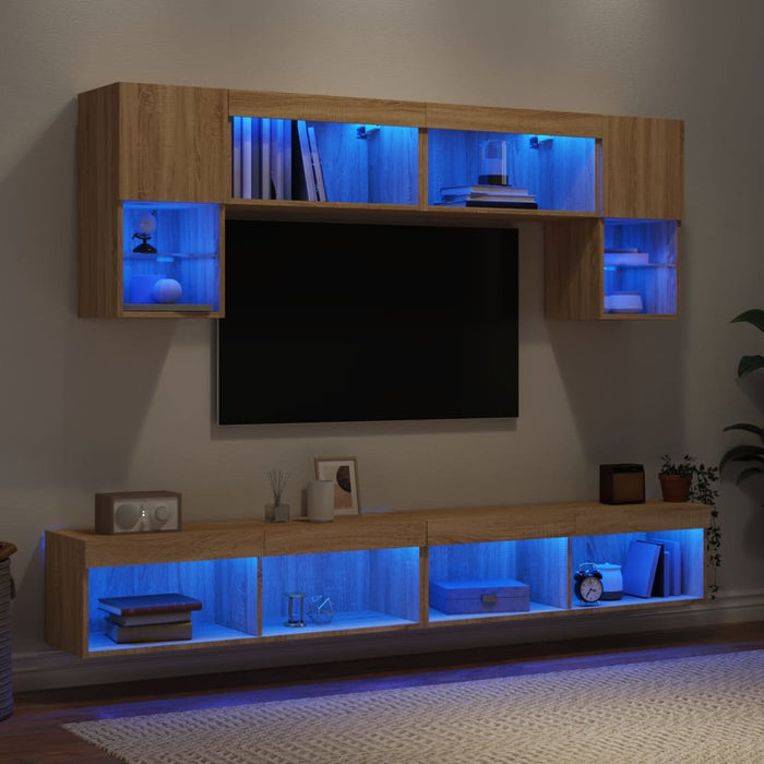 6-Delige Tv-Wandmeubelset Met Led Bewerkt Hout