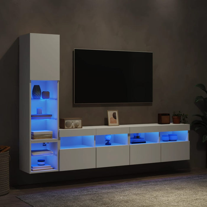 4-Delige Tv-Wandmeubelset Met Led-Verlichting Bewerkt Hout