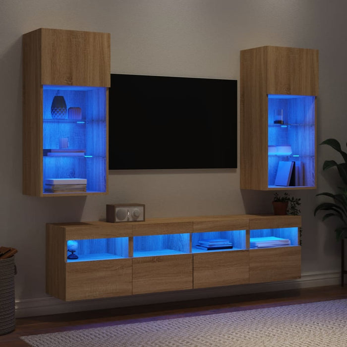 5-Delige Tv-Wandmeubelset Met Led Bewerkt Hout