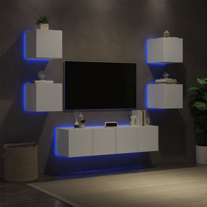 6-Delige Tv-Wandmeubelset Met Led-Verlichting Bewerkt Hout