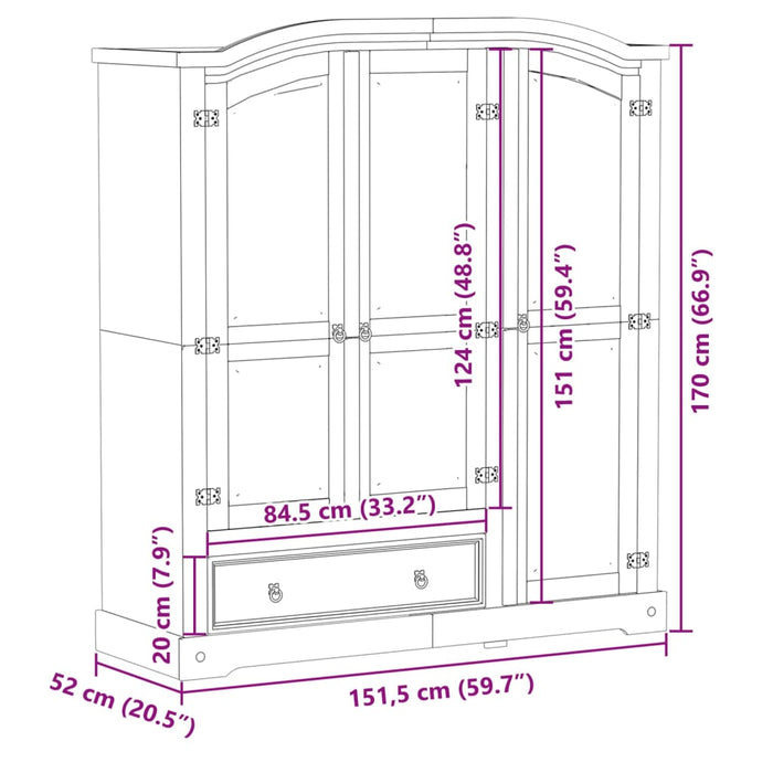 Kledingkast Corona 151,5X52X170 Cm Massief Grenenhout