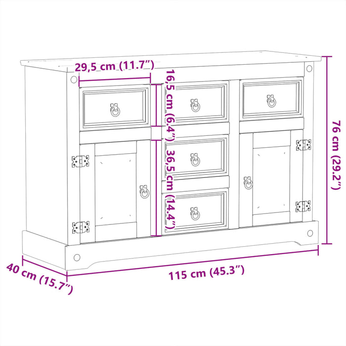 Dressoir Corona 115X40X76 Cm Massief Grenenhout Grijs En Wit