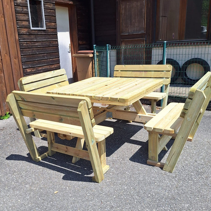 Quadratischer Picknicktisch xxl 265 x 265 cm KING ® - 4 cm Stärke - mit 4 Rückenlehnen